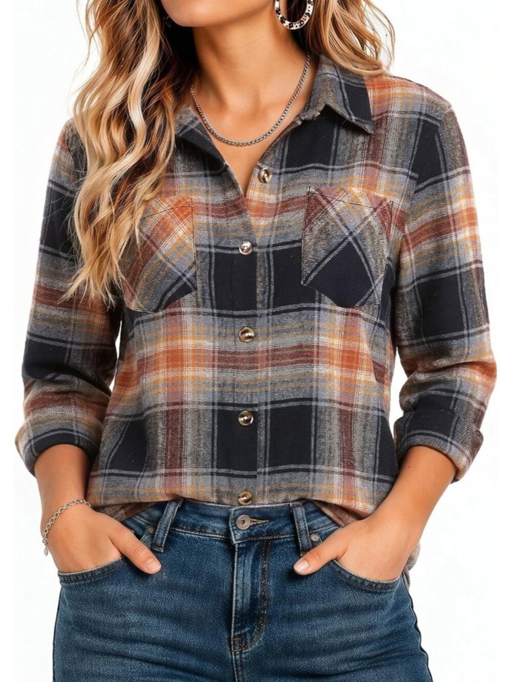 Women's Autumn Rust Plaid Long Sleeve Button Down Imported Tops Work Blouse